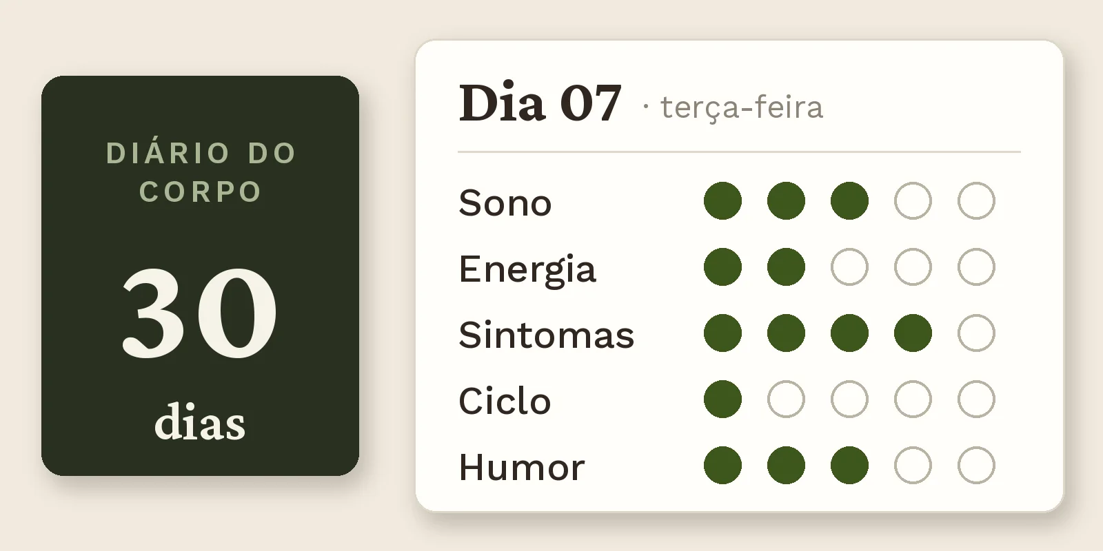 Páginas do Diário do Corpo com registro diário de sono, energia, sintomas, ciclo e humor